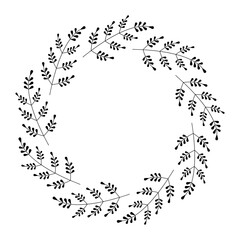 Floral wreath with twigs and leaves. Black and white vector illustration. Design for greeting card, poster, banner and logo with empty space for text.