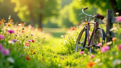 Naklejka premium Serene bicycle resting against a rustic fence amidst a vibrant meadow of wildflowers bathed in golden sunlight.