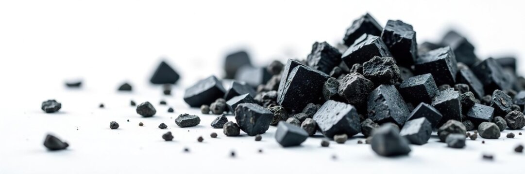 Dark mineral wolframite scattered on white background, with tiny crystals and metallic sheen, natural elements, crystal formations, ore deposits