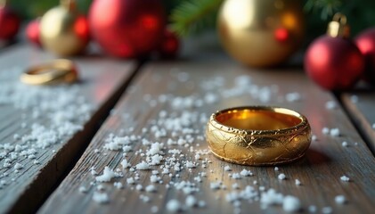 Gold Christmas ring on a snow-covered wooden floor, ornaments, Christmas, wood