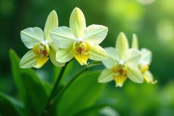 Fototapeta premium Green and white striped orchid stems isolated, nature, foliage