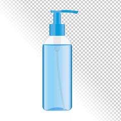 Dispenser bottle with cleansing gel isolated on transparent background. Plastic pump bottle with a blue liquid inside. Vector illustration