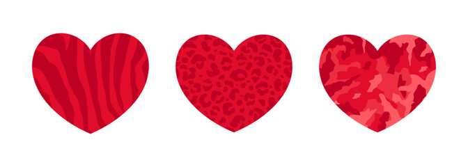 Red hearts icons with animal prints and abstract pattern. Vector illustration