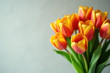 Tulip arrangement in a vase with bright orange and yellow hues, flower arrangement, orange flowers, bright colors