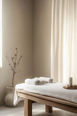 serene massage studio featuring wooden massage table, white towels, and minimalist decor. Soft natural light filters through sheer curtains, creating calming