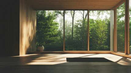 Obraz premium A serene, minimalist room with wooden architecture and large windows showcasing greenery outside.