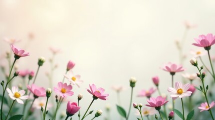 A gentle breeze stirs delicate pink cosmos flowers, their petals softly illuminated by a sunlit sky, creating a serene and peaceful springtime scene.