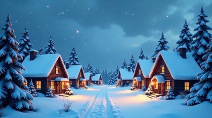 Enchanted Winter Village Scene Cozy Cabins Glimmering Under a Starlit Sky, Snow-Covered Pathway Leading to Tranquil Forest