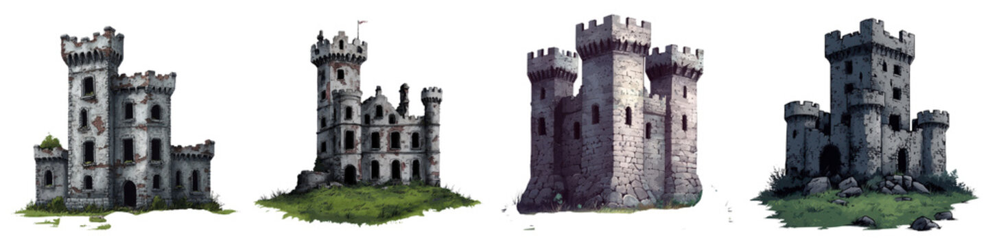 Magnificent Ruined Medieval Castles Nestled in Lush Countryside Landscapes Abandoned Fortifications with Towering Stone Walls Turrets and Parapets Overgrown with Moss and Ivy