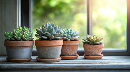 Succulents in terracotta pots sit on a windowsill, bathed in soft, natural light. The greenery creates a peaceful indoor garden.
