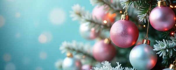 Pastel-hued glass balls and cloud-shaped ornaments adorn the Christmas tree's branches, cloud, whimsical, dreamy