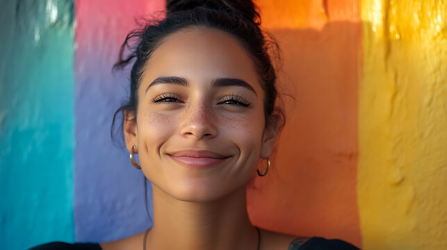 stylish confident hispanic lesbian woman with cheerful expression on vibrant colorful backdrop celebrating pride joyful lifestyle and positive energy