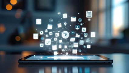 Modern technology: artificial intelligence, cloud data, holograms, cybersecurity, smart devices, and the future of the digital world in one frame.