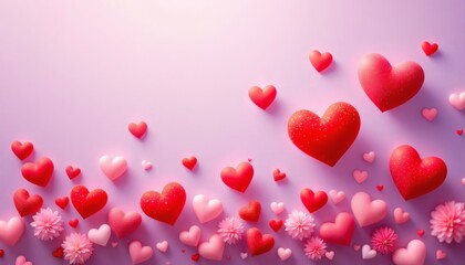 Obraz premium Heart Arrangement with Pink Flowers on Lavender Background for Valentine's Day