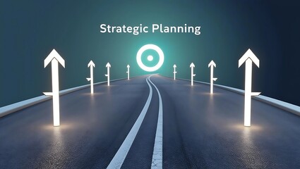 Winding road with glowing milestone markers leading toward a bright target at the horizon, soft navy blue-to-teal gradient background symbolizing strategic planning  
