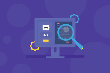 Obraz premium Artificial intelligence writing code, AI code assistance, AI agent coding, Code development automation, Robot coding itself.