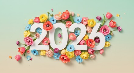 A vibrant "2026" typography design with colorful flowers on a soft beige background, symbolizing beauty and new year celebration.