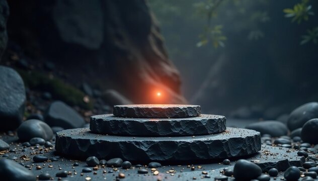 Ancient wisdom sits atop a pedestal of dark stone, minimalist, background, ancient