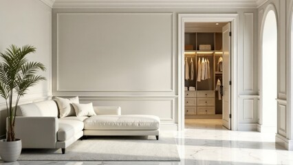 Elegant Lounge Area with Access to a Spacious Walk-in Closet Featuring Neutral Tones and Classic Design Elements