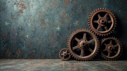 Obraz premium Rusty Gears Interlocking Against Weathered Metallic Background A Study in Industrial Texture