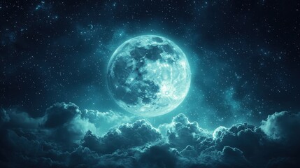 Full moon, night sky, clouds