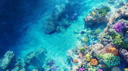 Obraz premium Aerial view of a coral reef surrounded by turquoise waters, vibrant marine life visible below, serene and colorful scene, ultra-realistic, high definition.