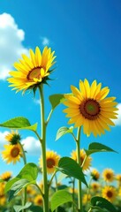 Tall sunflowers sway gently in the breeze against a brilliant blue sky with just a few wispy clouds, flowers, bright, breeze