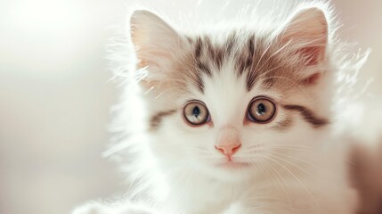 Fototapeta premium Curious kitten touching mirror reflection, soft morning light, pastel and white tones, and charming reflective atmosphere, close-up shot.