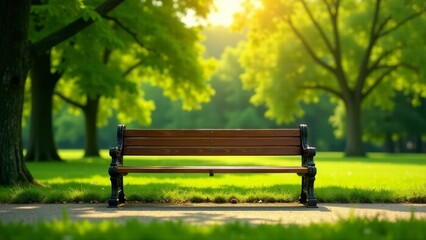 Serene park bench bathed in golden sunlight, inviting quiet contemplation amidst lush greenery and tall trees on a warm summer day.