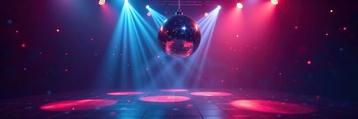 Disco ball suspended above a darkened dance floor with flashing strobe lights,, energetic vibe