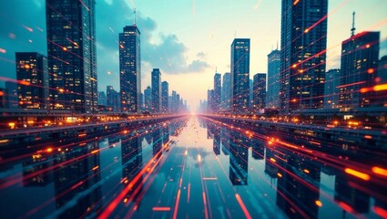 A Futuristic Cityscape at Twilight with Vibrant Light Trails Reflecting on Water, Symbolizing Technological Advancement and Urban Connectivity