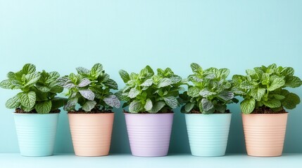 Obraz premium Peppermint plants in pastel-hued pots, arranged symmetrically for a cheerful look