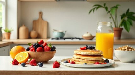 Obraz premium A delightful breakfast scene featuring a stack of fluffy pancakes adorned with fresh berries, a bowl of mixed berries and citrus fruits, a glass of fresh orange juice, and a bowl of crunchy granola.