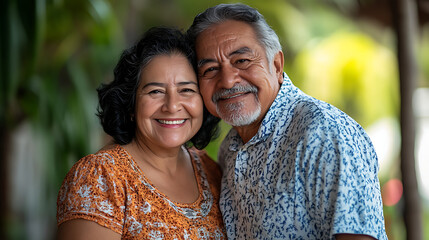 happy hispanic senior couple smiling lovingly at the camera showing the warmth of their relationship and the beauty of lifelong love
