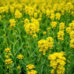 Obraz premium Bright yellow oilseed rape flowers blooming in a field, green, countryside