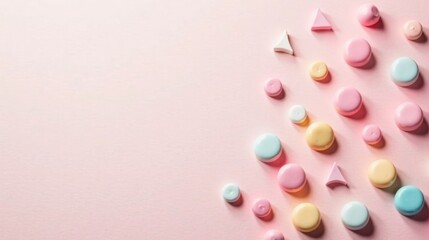 Pastel-colored shapes and circles scattered on a soft pink background, creating a playful and minimalist design aesthetic.