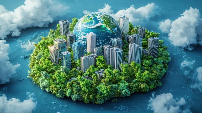 Sustainable Futuristic Planet Centric Green City Skyline with Futuristic Skyscrapers and Forest Island