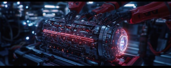 A futuristic scene featuring robotic arms manipulating a high-tech device with glowing red and blue elements, set in a complex technological environment.