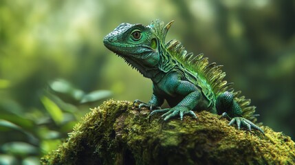 Fototapeta premium A vivid emerald lizard perches on a lichen-draped stone, eyes alert as it gazes rightward, embodying serenity amidst nature's embrace