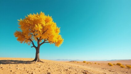 Golden Tree Solitary in Vast Desert Landscape Under a Vivid Blue Sky