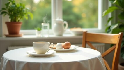 Fototapeta premium A peaceful morning breakfast scene featuring a steaming cup of tea, freshly cooked eggs, and sunlight streaming through a window
