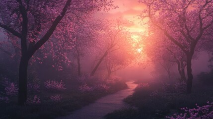Naklejka premium Enchanting Pathway Through Pink Cherry Blossom Trees in a Misty Forest at Sunset