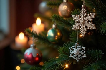 Snowflake ornaments on a Christmas tree with candles, decoration, christmas