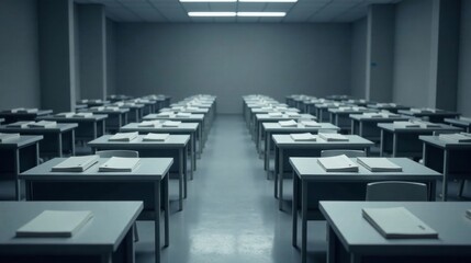 Fototapeta premium Rows of empty desks with notebooks awaiting students in a quiet examination hall