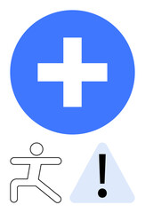 Blue medical cross, warning triangle with exclamation mark, and stick-human figure symbolizing health, wellness, first aid, safety awareness, emergency, prevention healthcare. Flat simple metaphor