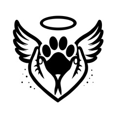 Angel wings gently embracing a paw as a symbol of eternal memory and respect for a beloved pet. The minimalistic contour design in black and white conveys the depth of feeling