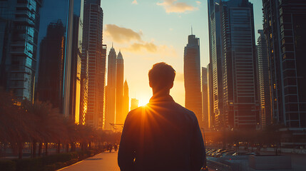 confident smiling businessman standing tall in a big city with modern skyscrapers during sunset reflecting on achievements and planning future success