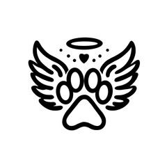 Angel wings gently embracing a paw as a symbol of eternal memory and respect for a beloved pet. The minimalistic contour design in black and white conveys the depth of feeling