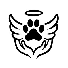 Angel wings gently embracing a paw as a symbol of eternal memory and respect for a beloved pet. The minimalistic contour design in black and white conveys the depth of feeling