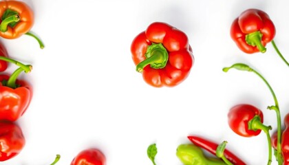 Single vibrant red bell pepper, isolated on pure white backdrop, nutrition, glossy